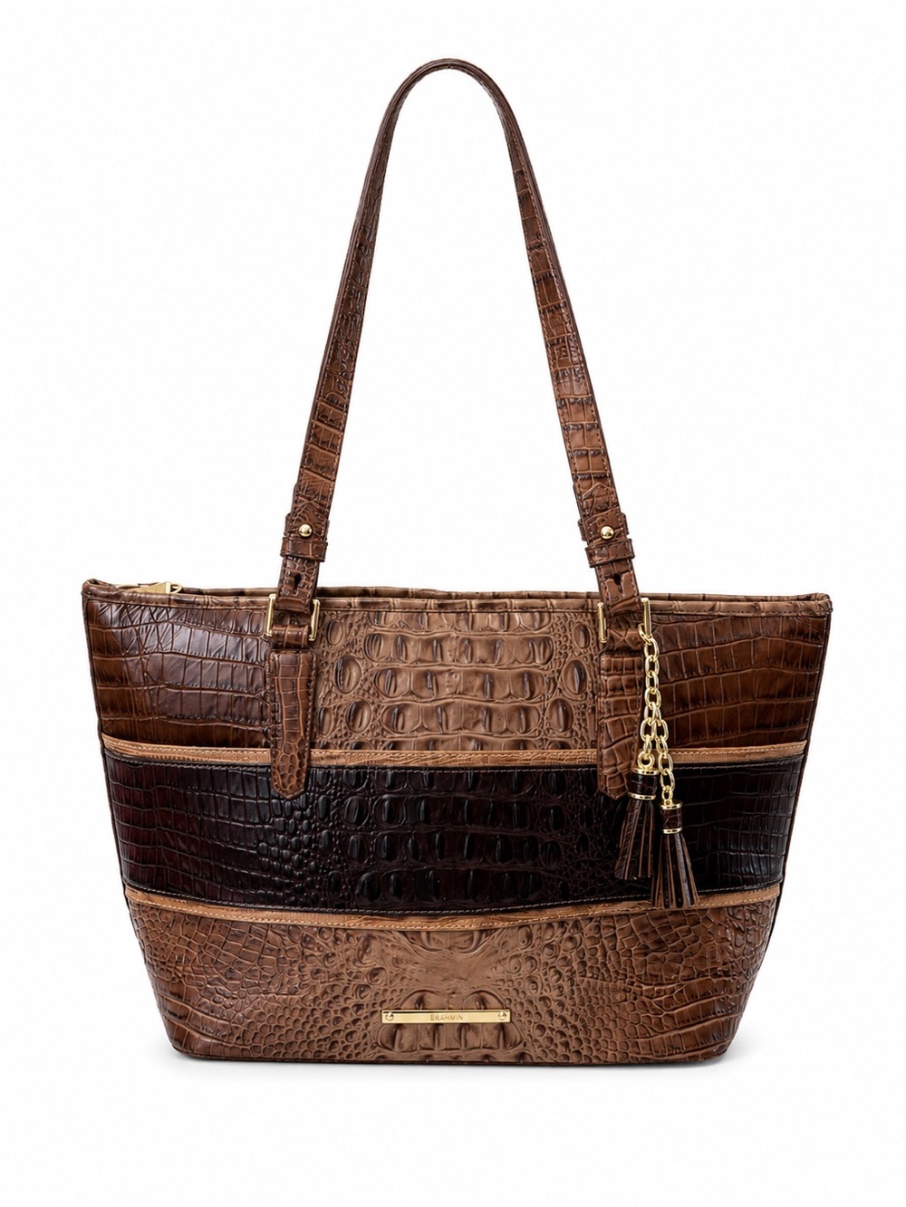 Brahmin Medium Asher Tri-Tone Brown Croc Embossed Leather Purse Tote Tassel
